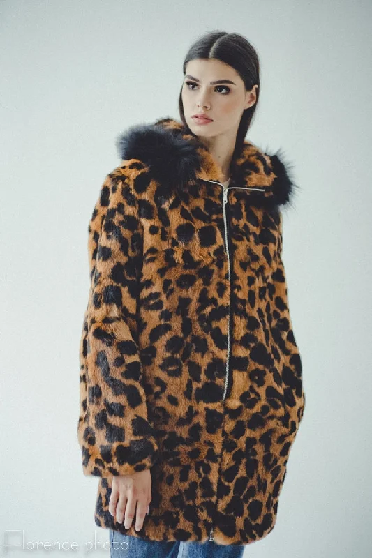 Rabbit Fur Jacket with Hood (Leopard)