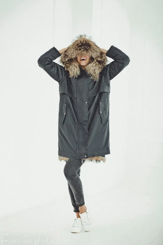 Raccoon Fur Parka Coat (Grey)