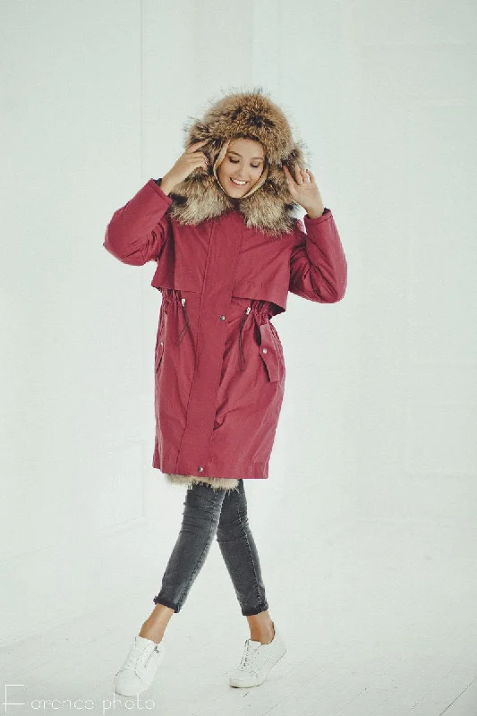 Raccoon Fur Parka Coat (Red)