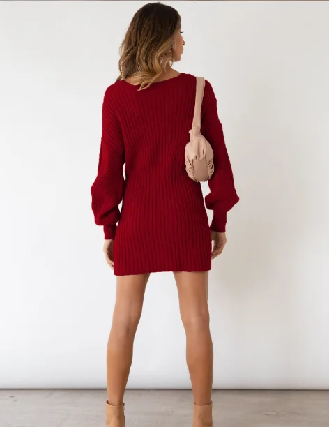 TastyHottie - New Twist Knitted Sweater Dress Women Solid V-neck Long OL Female Casual Dress