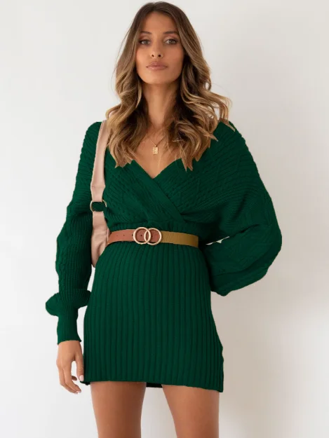 TastyHottie - New Twist Knitted Sweater Dress Women Solid V-neck Long OL Female Casual Dress