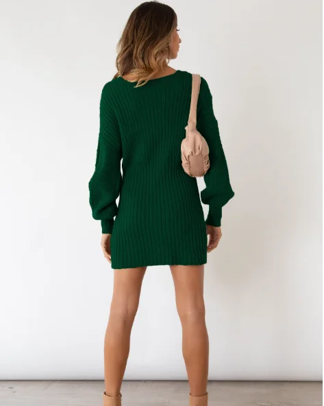 TastyHottie - New Twist Knitted Sweater Dress Women Solid V-neck Long OL Female Casual Dress