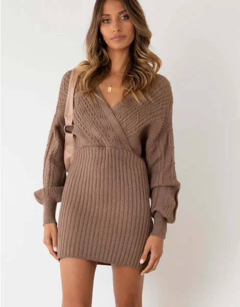 TastyHottie - New Twist Knitted Sweater Dress Women Solid V-neck Long OL Female Casual Dress