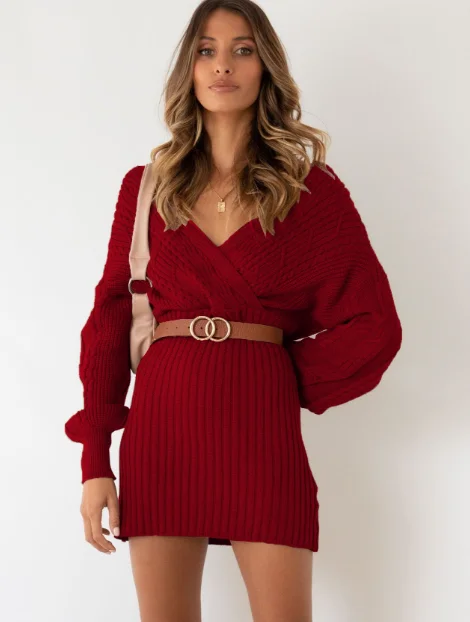 TastyHottie - New Twist Knitted Sweater Dress Women Solid V-neck Long OL Female Casual Dress