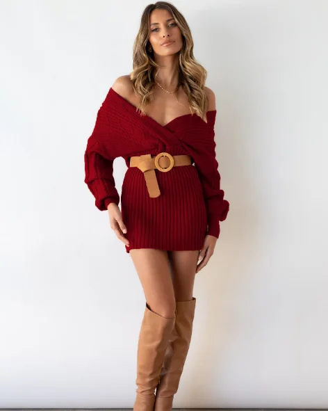 TastyHottie - New Twist Knitted Sweater Dress Women Solid V-neck Long OL Female Casual Dress