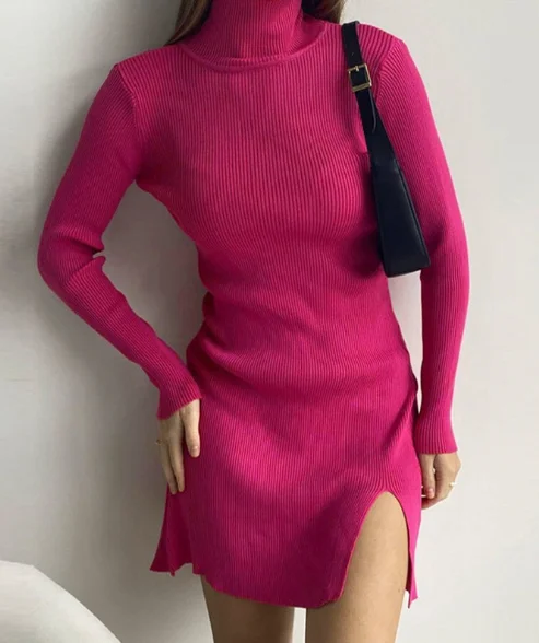 TastyHottie - Winter Woman Knitted Dress Office Ladies Turtleneck Bodycon Dresses Split Mini Knitting Dress