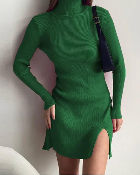 TastyHottie - Winter Woman Knitted Dress Office Ladies Turtleneck Bodycon Dresses Split Mini Knitting Dress