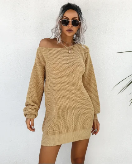 TastyHottie - Leisure Off-the-Shoulder Lantern Sleeve Knitted Sweater Skirt