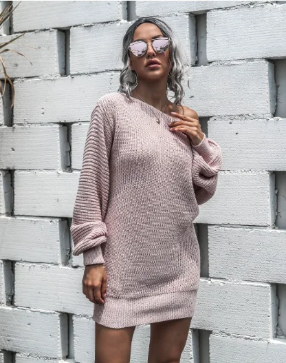 TastyHottie - Leisure Off-the-Shoulder Lantern Sleeve Knitted Sweater Skirt