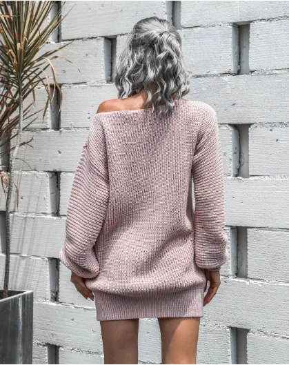 TastyHottie - Leisure Off-the-Shoulder Lantern Sleeve Knitted Sweater Skirt