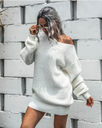 TastyHottie - Leisure Off-the-Shoulder Lantern Sleeve Knitted Sweater Skirt