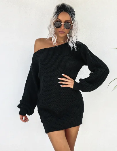 TastyHottie - Leisure Off-the-Shoulder Lantern Sleeve Knitted Sweater Skirt