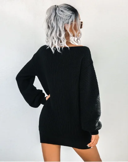 TastyHottie - Leisure Off-the-Shoulder Lantern Sleeve Knitted Sweater Skirt