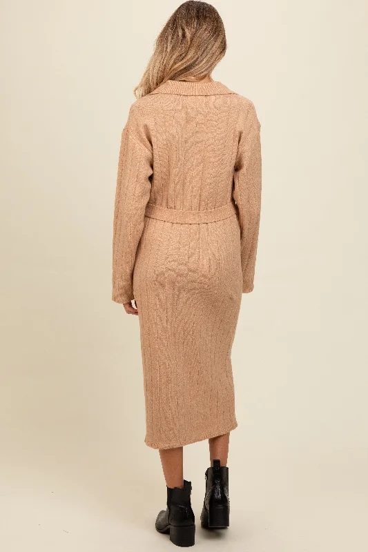 Beige Ribbed Sweater Collared Maternity Midi Dress