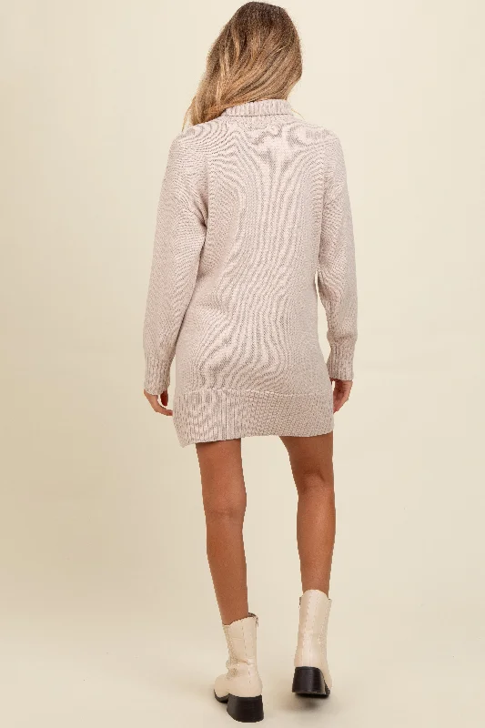 Beige Turtle Neck Maternity Mini Sweater Dress