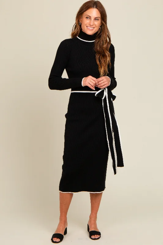 Black Contrast Trim Turtleneck Sweater Dress