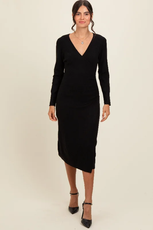 Black Knit Crossover Ruched Midi Dress