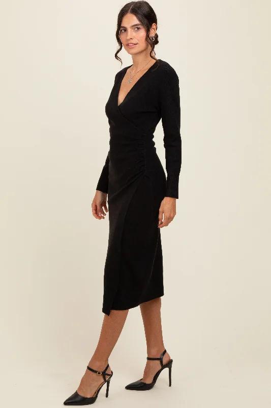 Black Knit Crossover Ruched Midi Dress