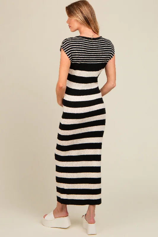 Black Mixed Stripe Fitted Maternity Sweater Dress