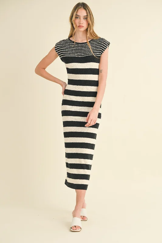 Black Mixed Stripe Fitted Sweater Dress