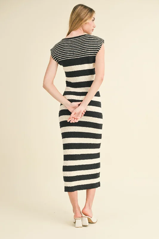 Black Mixed Stripe Fitted Sweater Dress