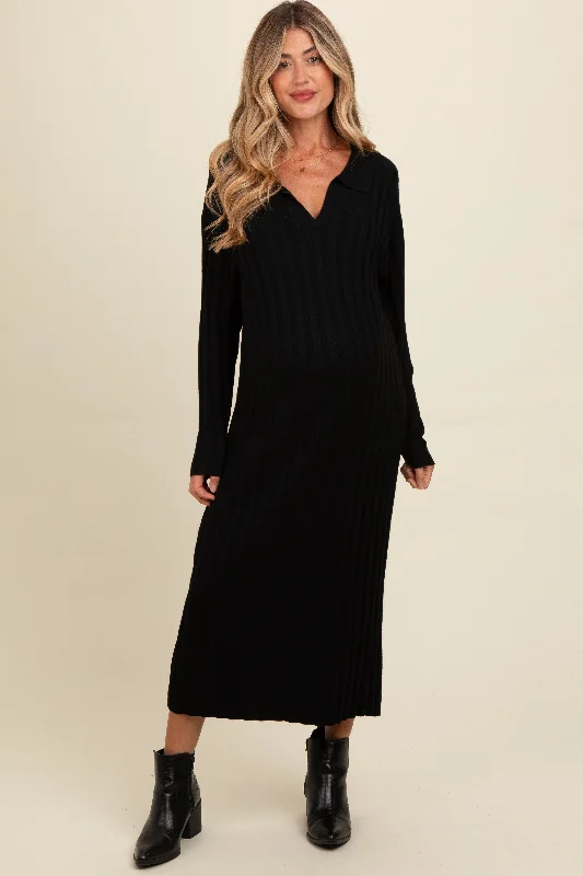 Black Ribbed Collared Maternity Midi Sweater Dress