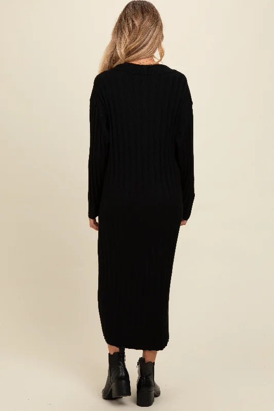 Black Ribbed Collared Maternity Midi Sweater Dress