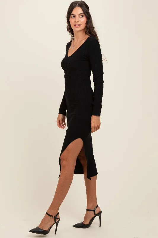 Black Ribbed Knit Side Slit Midi Dress