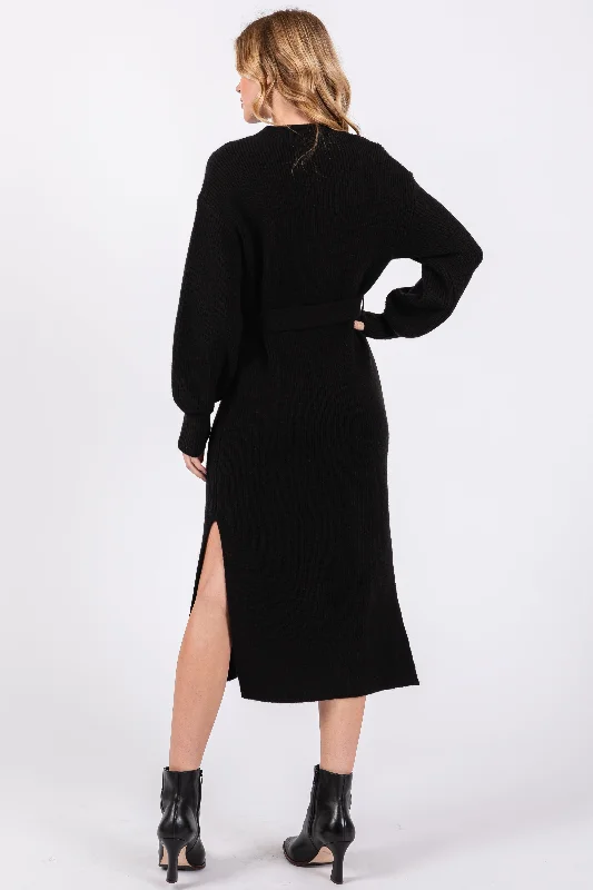 Black Side Slit Sweater Midi Dress