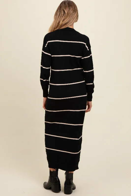 Black Striped Knit Drop Shoulder Maternity Midi Dress