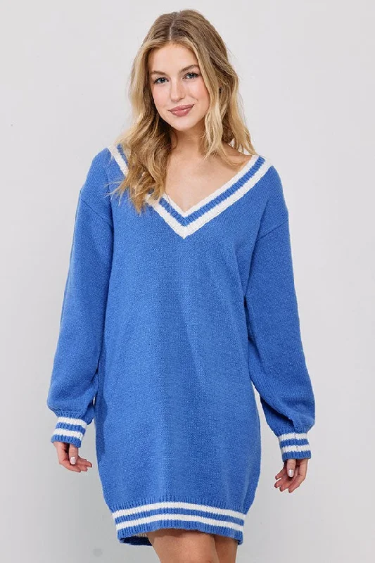 Blue Oversized Varsity Striped V-Neck Sweater Dress