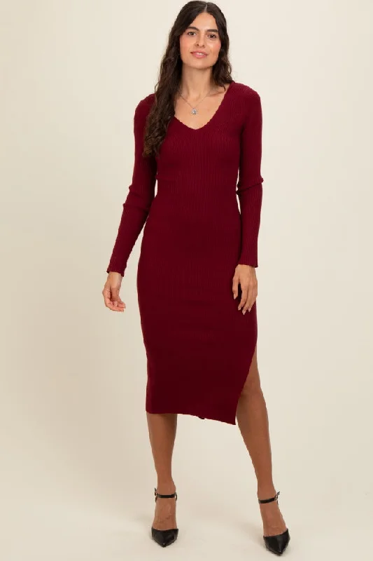 Burgundy Ribbed Knit Side Slit Midi Dress