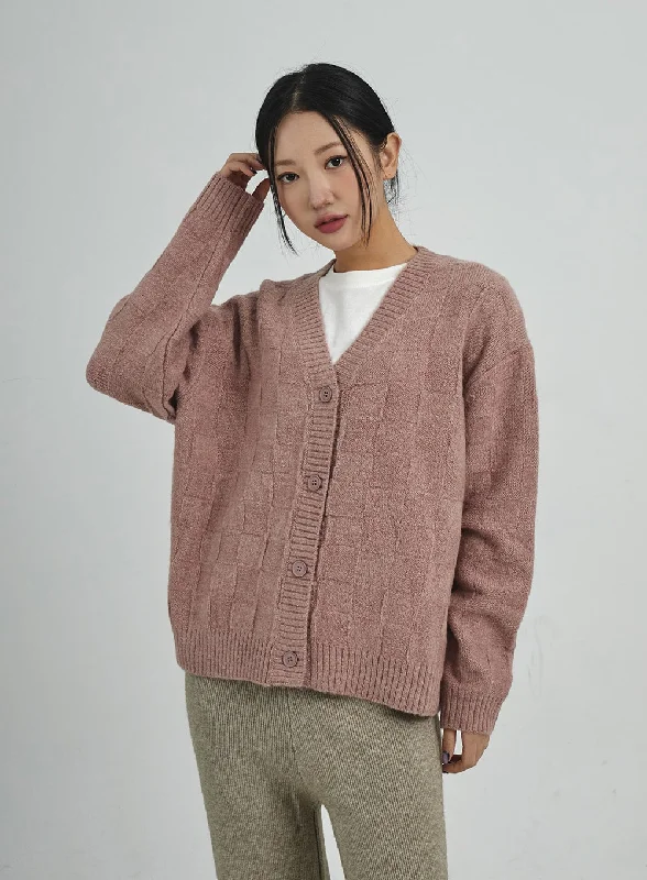 Check Pattern V-Neck Knit Cardigan CD09