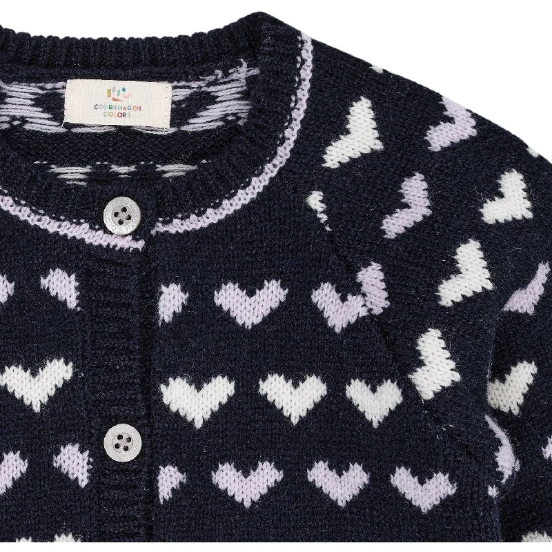 COPENHAGEN COLORS Navy/Lavender Combi Cashmere Cardigan W. Hearts