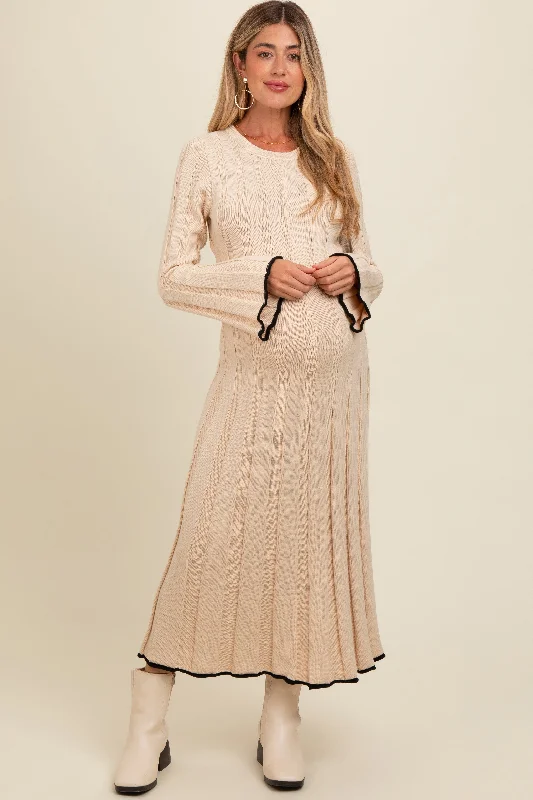 Cream Sweater Knit Bell Sleeve Back Cutout Maternity Maxi Dress