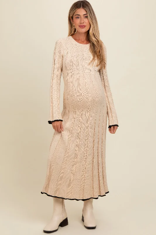 Cream Sweater Knit Bell Sleeve Back Cutout Maternity Maxi Dress