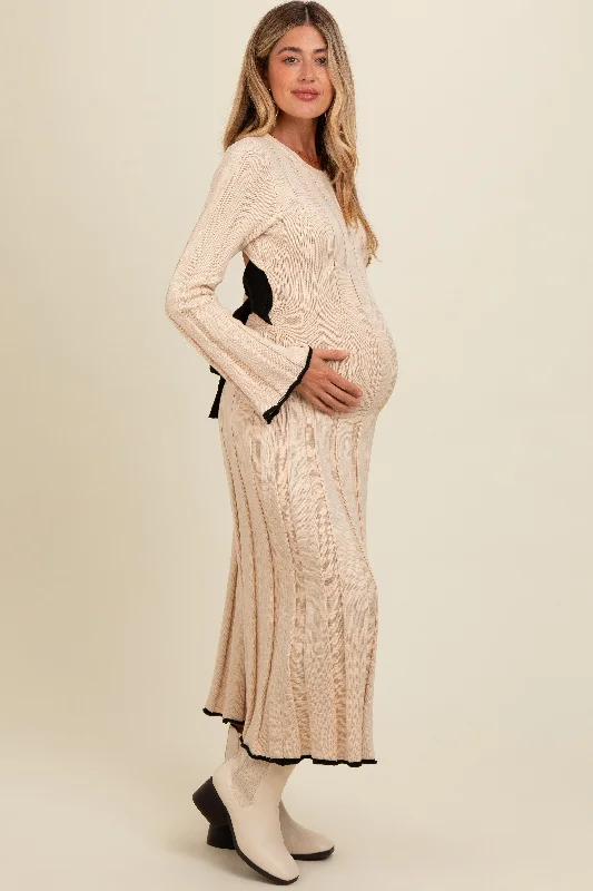 Cream Sweater Knit Bell Sleeve Back Cutout Maternity Maxi Dress