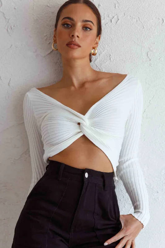 Dream Weaver Long Sleeve Twist Bust Crop Top White