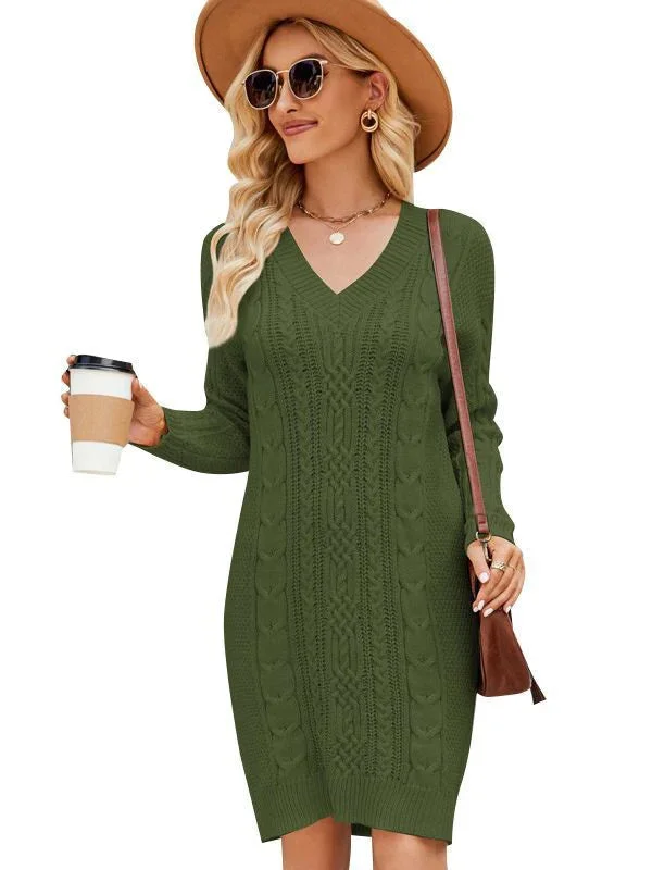 TastyHottie - FASHION SOLID COLOR V-NECK LONG SWEATER DRESS