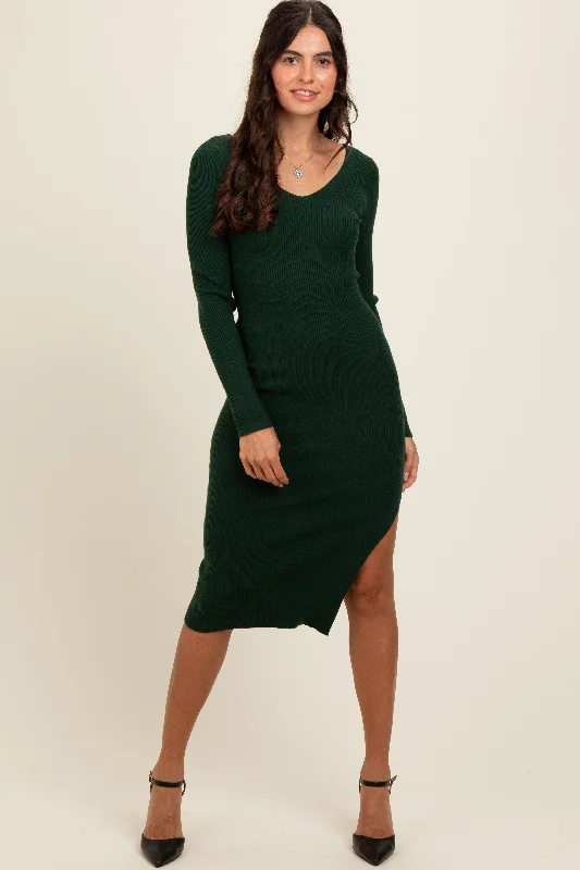 Forest Green Ribbed Knit Side Slit Midi Dress