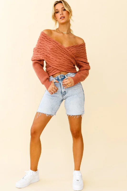 Heartstopper Off-Shoulder Wrap Knit Top Rose