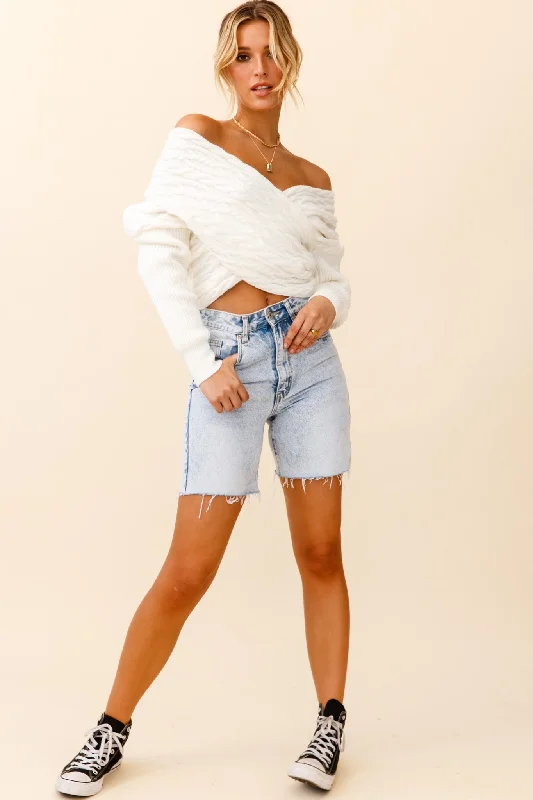 Heartstopper Off-Shoulder Wrap Knit Top White