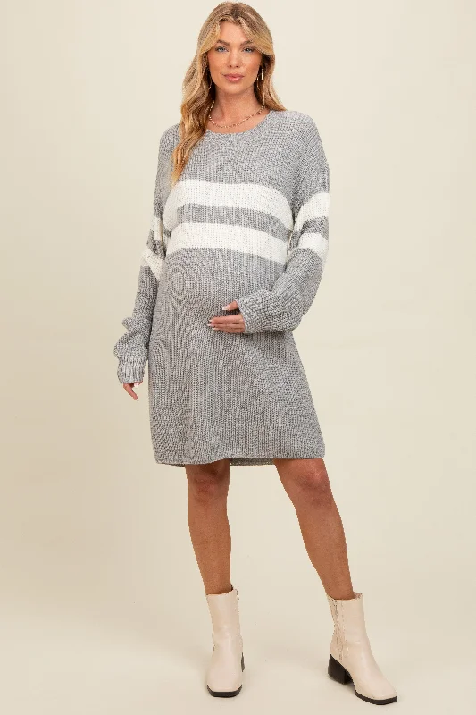 Heather Grey Relaxed Fit Striped Mini Maternity Sweater Dress