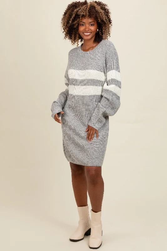 Heather Grey Relaxed Fit Striped Mini Sweater Dress