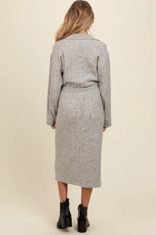 Heather Grey Ribbed Sweater Collared Maternity Midi Dress