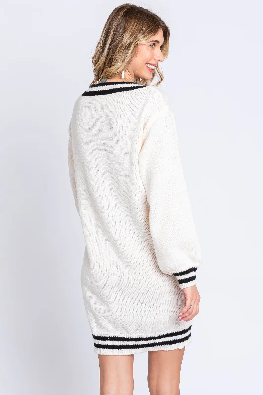 Ivory Oversized Varsity Striped V-Neck Sweater Dress