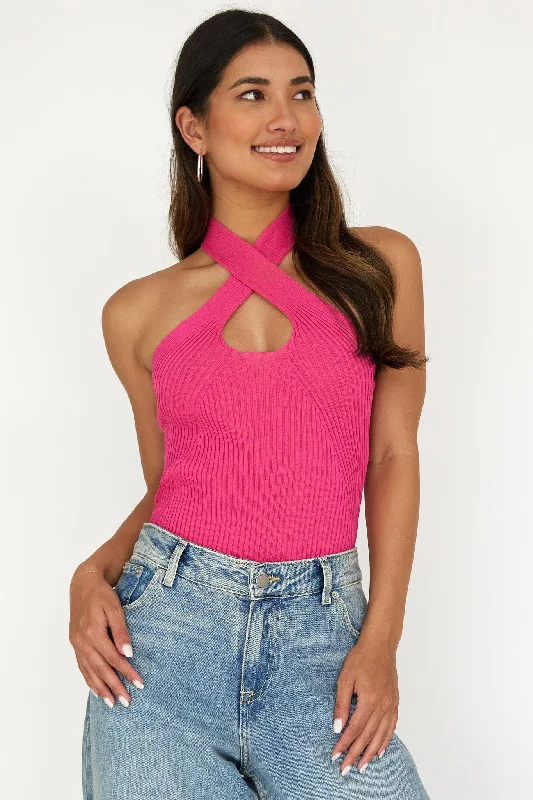 Lou Cut-Out Halter Top Hot Pink