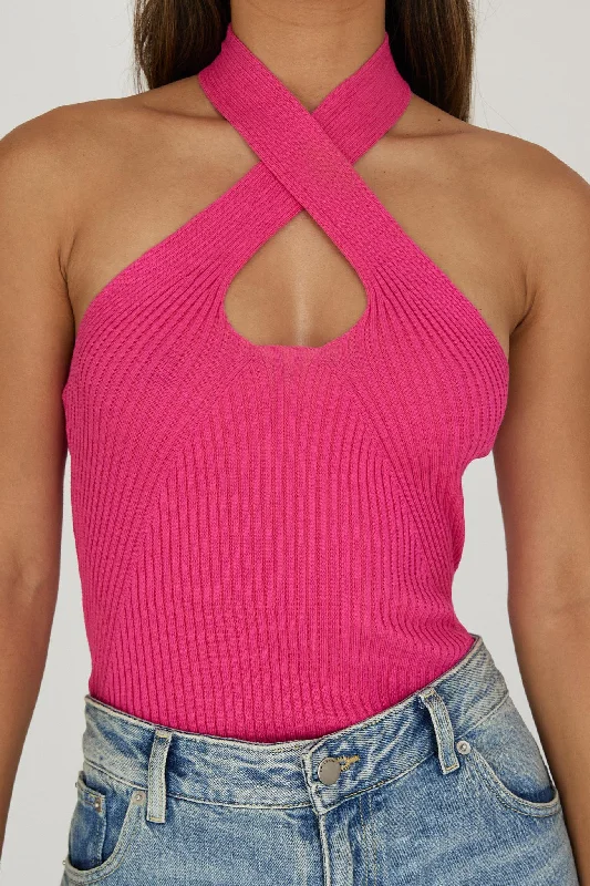 Lou Cut-Out Halter Top Hot Pink