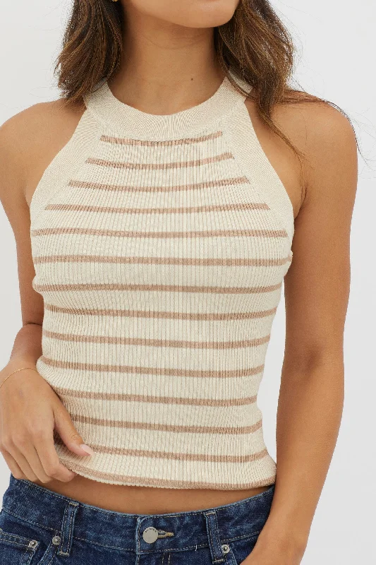 Made It Ribbed Knit Top Stripe Beige