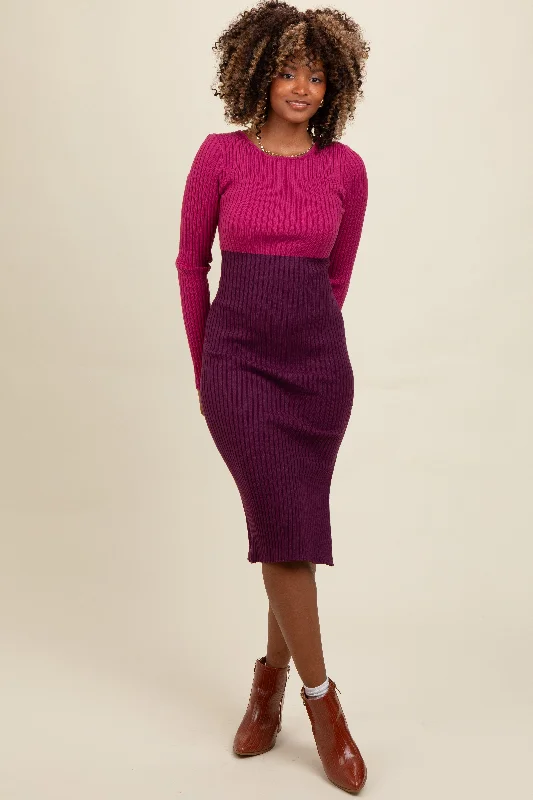 Magenta Knit Colorblock Back Twist Cutout Midi Dress